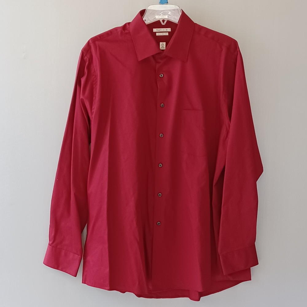 Van Heusen Lux Sateen Dress Shirt Mens 17 34/35 Red Regular Fit‎ Wrinkle Free